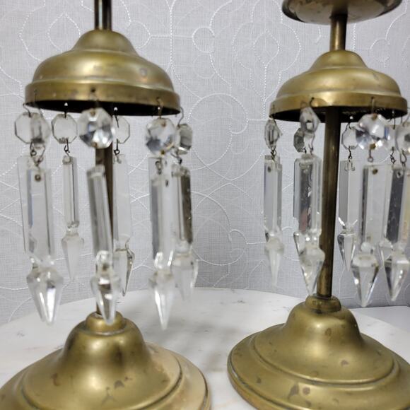 Antique Brass Girandole Candlesticks 11" Gold 8 Clear Hanging Crystals Set of 2 - Picture 12 of 16